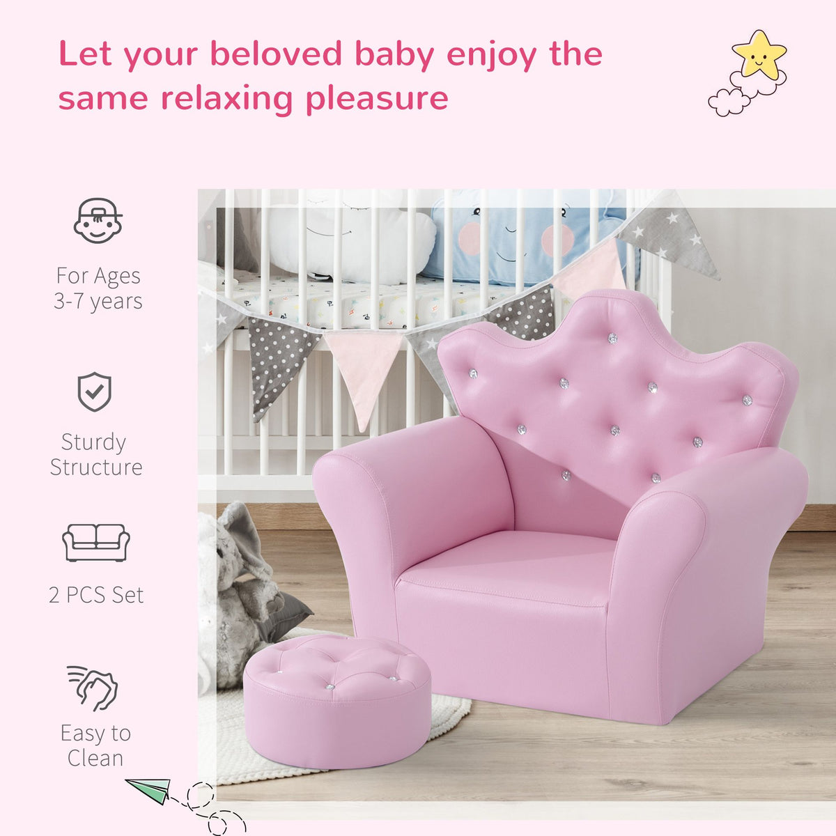 Doba Kids Sofa Set with Footstool, Princess Theme, Diamond Decoration - Cozy Furniture for Children