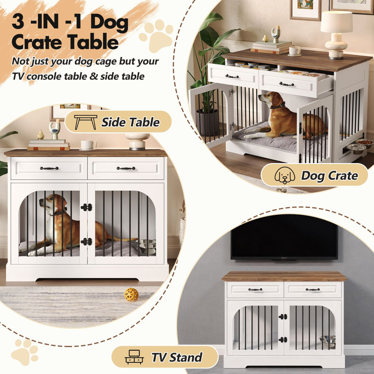 Doba 43.3" Farmhouse Dog Crate Furniture, Wooden Dog Kennel with 2 Storage Drawers and Rotating Food Bowls, Secure Metal Bar Crate for Lage & Medium Dogs, Indoor Dog Crate Side Table, White and Brown