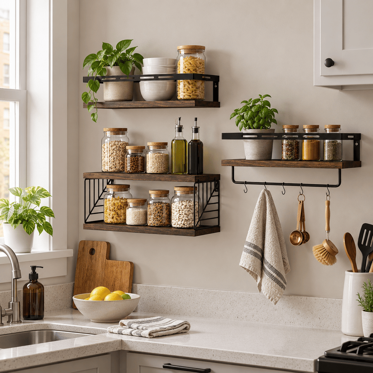 Doba 3-Piece Floating Wall Shelves Set, Rustic Brown Wood Wall Mounted Shelves with Towel Bar and Metal Guardrails, 22 lb Capacity Per Shelf, 15.85 x 5.95 Inch