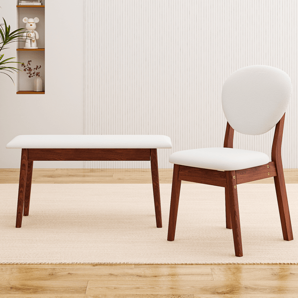 Doba 1 Table 2 Chairs 1 Bench Dining Set, Rubber Wood Frame with Beige Upholstered Seats, Deep Walnut Finish Rectangular Kitchen Dining Furniture