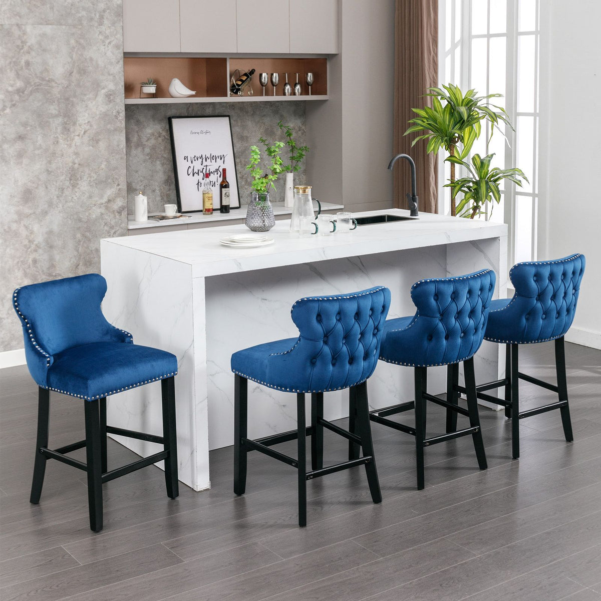 Doba A&A Furniture,Contemporary Velvet Upholstered Wing-Back Barstools with Button Tufted Decoration and Wooden Legs, and Chrome Nailhead Trim, Leisure Style Bar Chairs,Bar stools,Set of 2 (Blue),SW1824BL