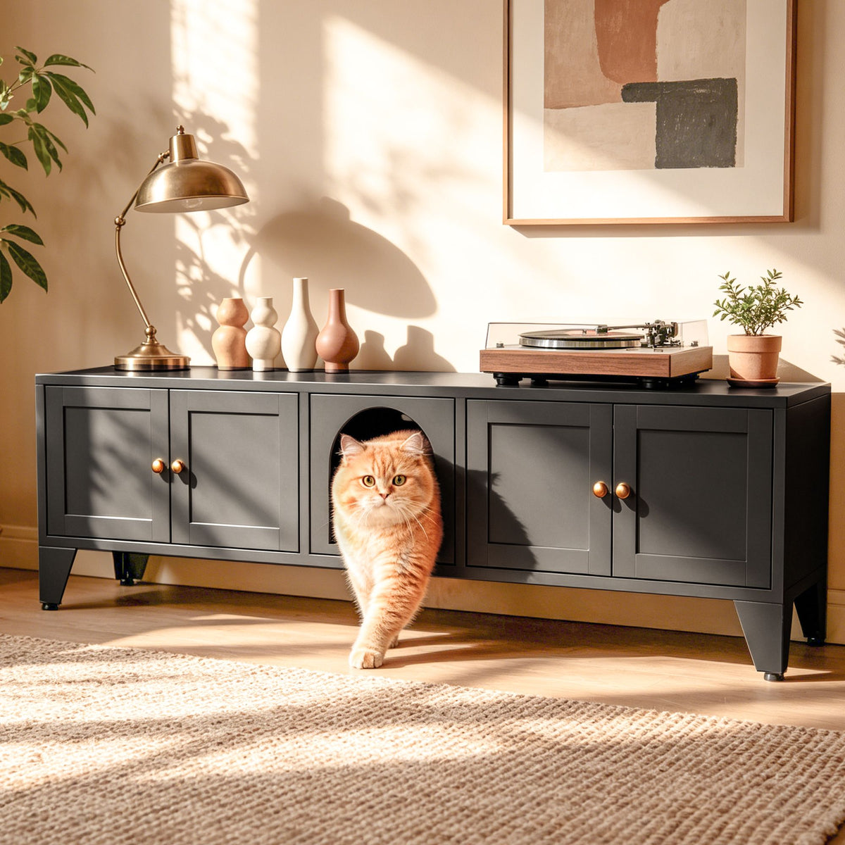Doba 58" Metal Cat Litter Box Enclosure, Hidden Litter Box Furniture for 2 Cats, Large Indoor Cat House TV Stand Cabinet with Ventilation & 2 Compartments, Black Modern Pet Washroom with Adjustable Legs Black Metal