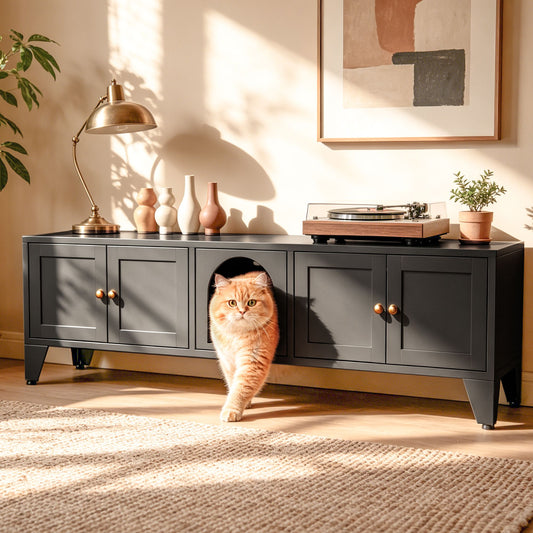 Doba 58" Metal Cat Litter Box Enclosure, Hidden Litter Box Furniture for 2 Cats, Large Indoor Cat House TV Stand Cabinet with Ventilation & 2 Compartments, Black Modern Pet Washroom with Adjustable Legs Black Metal