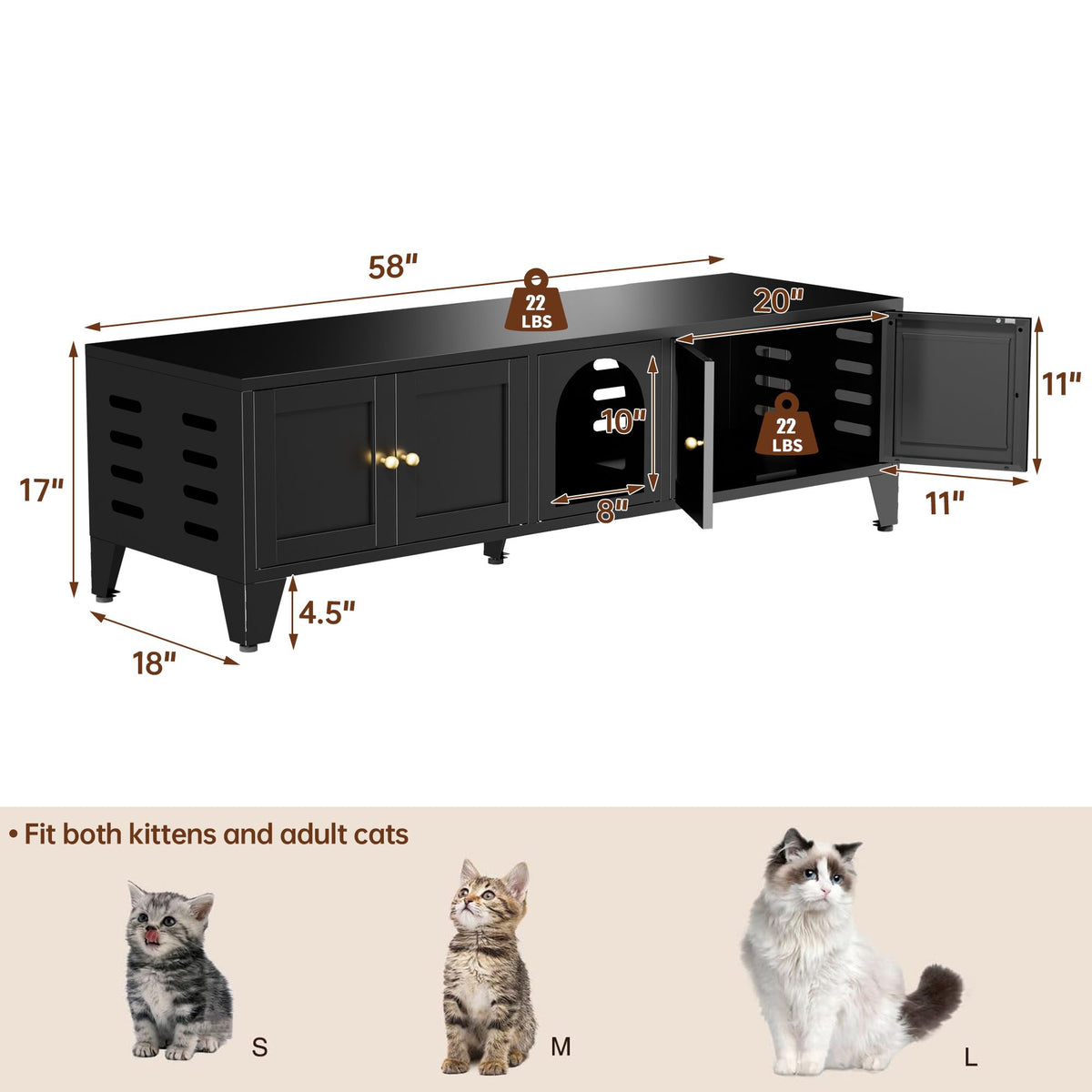Doba 58" Metal Cat Litter Box Enclosure, Hidden Litter Box Furniture for 2 Cats, Large Indoor Cat House TV Stand Cabinet with Ventilation & 2 Compartments, Black Modern Pet Washroom with Adjustable Legs