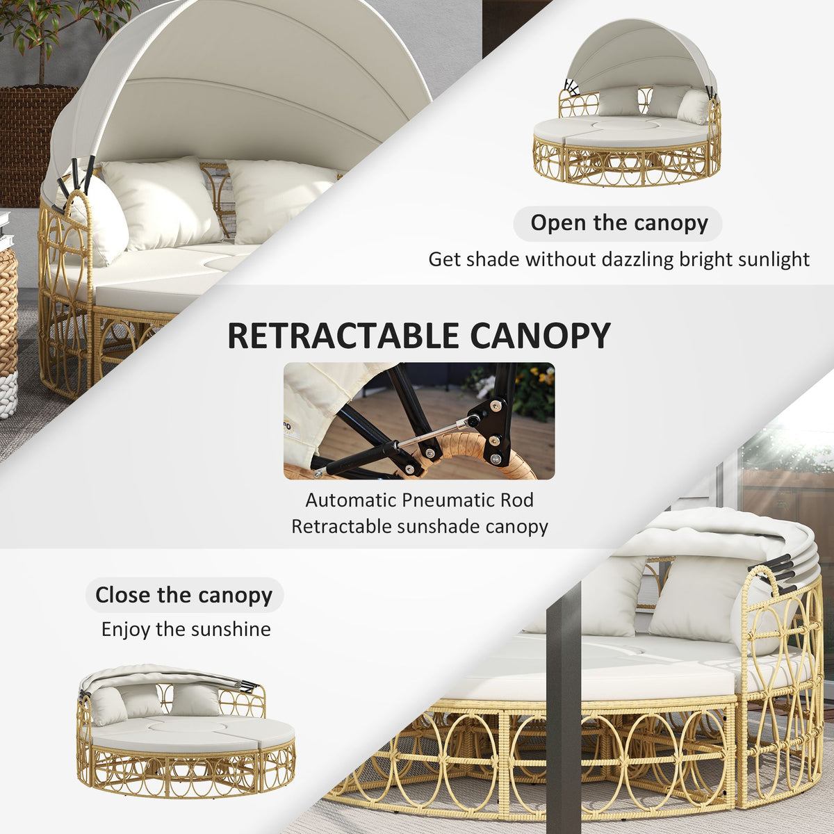 Doba Patio Furniture Set, Round Outdoor Daybed with Retractable Canopy, Hollow Wicker PE Rattan Sectional Sofa with Cushions for Pool, Lawn, Beige