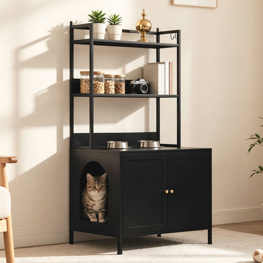 Doba Metal Cat Litter Box Enclosure, 57" Tall Hidden Litter Box Cabinet with 3 Tier Storage Shelves, Large Indoor Cat House with Doors & 4 S-Hooks, Odor Control Pet Washroom Furniture for Large Cats, Black Black Metal