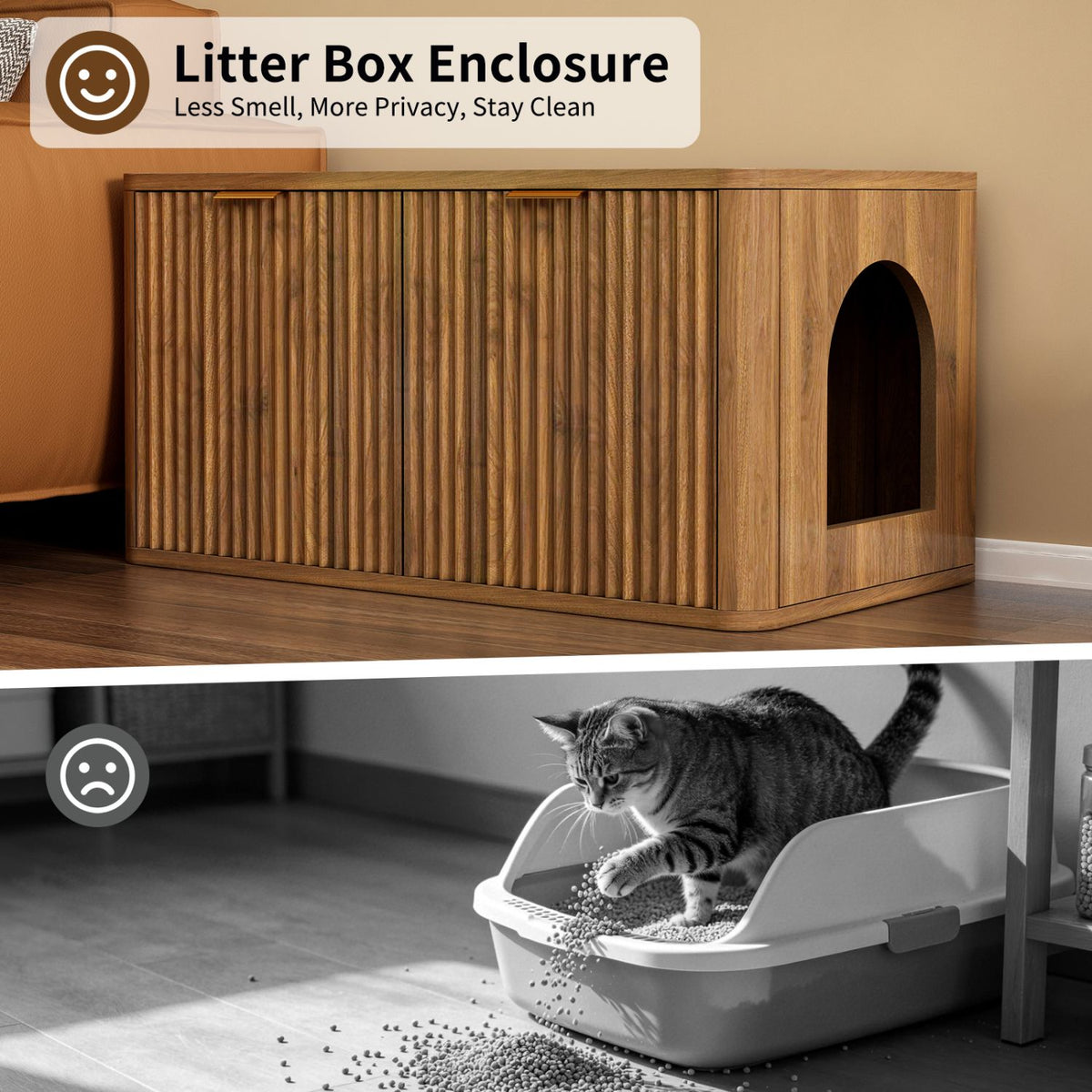 Doba 31.5" Walnut Cat Litter Box Enclosure Furniture, Large Decorative Hidden Litter Box Cabinet, Fluted Mid Century Modern Kitty End Table for Living Rooms, Bedrooms, Entryways (WALNUT)