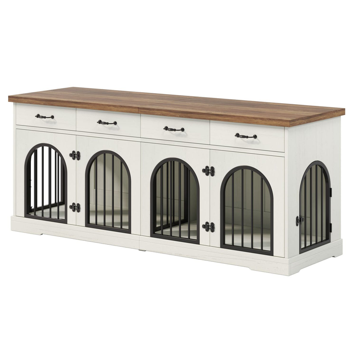 Doba 70.8" Large Dog Crate Furniture for 2 Dogs, Dog Kennel Indoor with Removable Divider Door and 4 Storage Drawers, End Table, Dog Crate TV Stand with 4 Doors for Medium Small Dogs, White and Brown