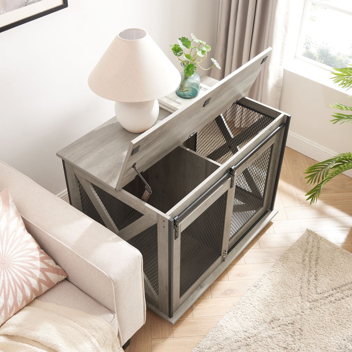 Doba Farmhouse Dog Cage Crate Furniture with Sliding Barn Door, Farmhouse Wooden Dog Kennel End Table with Flip-top Plate Dog House with Detachable Divider for Small/Medium/Large Dog Gray