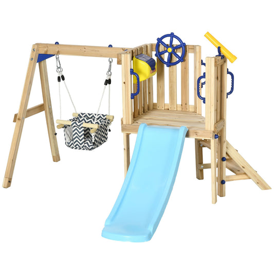 Doba 3-in-1 Wooden Swing Set with Slide, Swing Seat, Fort, Wheel, Telescope & Mailbox, for 1.5-4 Years Old, Children's Outdoor Toys