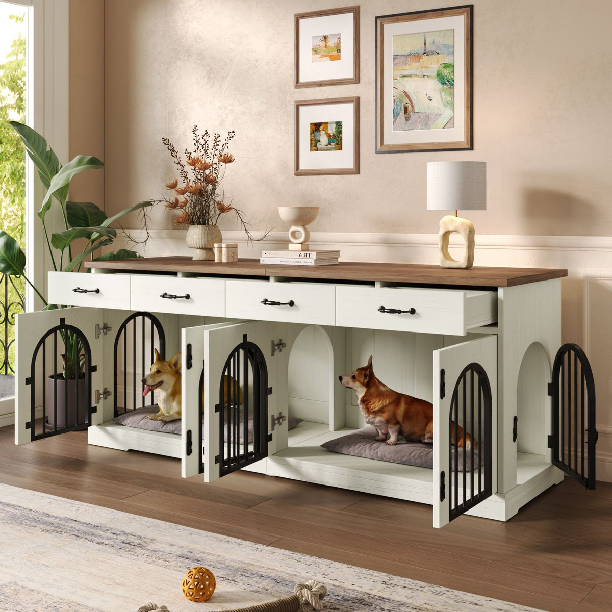 Doba 70.8" Large Dog Crate Furniture for 2 Dogs, Dog Kennel Indoor with Removable Divider Door and 4 Storage Drawers, End Table, Dog Crate TV Stand with 4 Doors for Medium Small Dogs, White and Brown