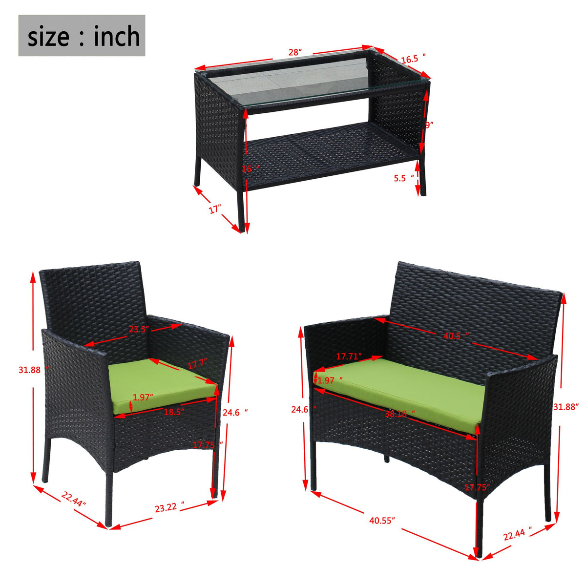 Doba 4 PC Rattan Patio Furniture Set Outdoor Patio Cushioned Seat Wicker Sofa
