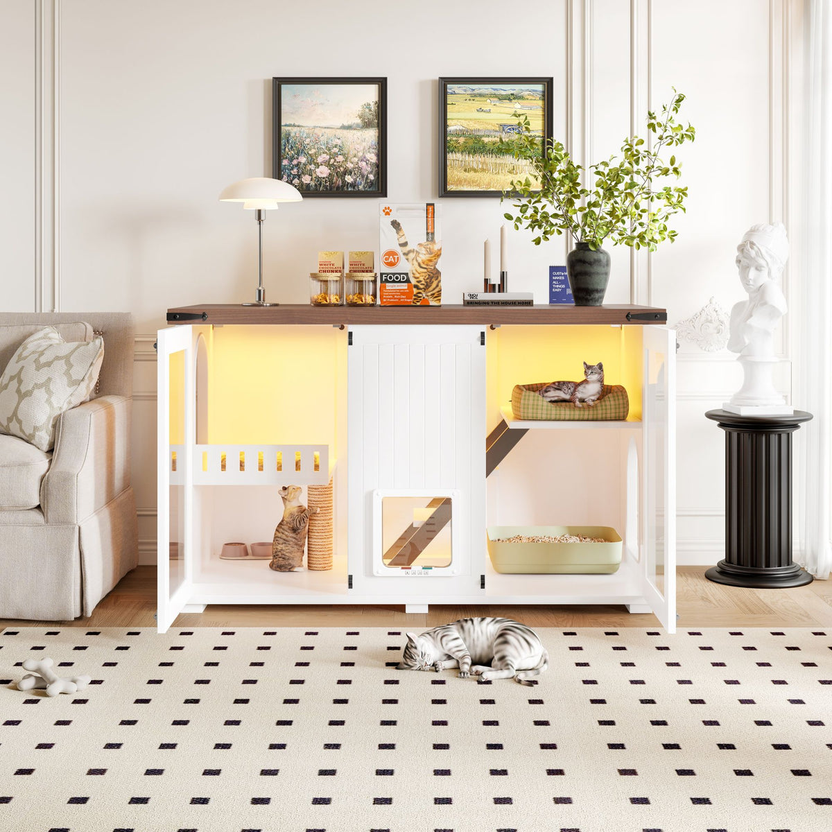 Doba 47.25" Large Cat Litter Box Enclosure with LED Light, Hidden Litter Box Furniture, Cat House with Stairs and Cat Scratching Post, Cat Cabinet Side Table with Smart Doors for Living Room