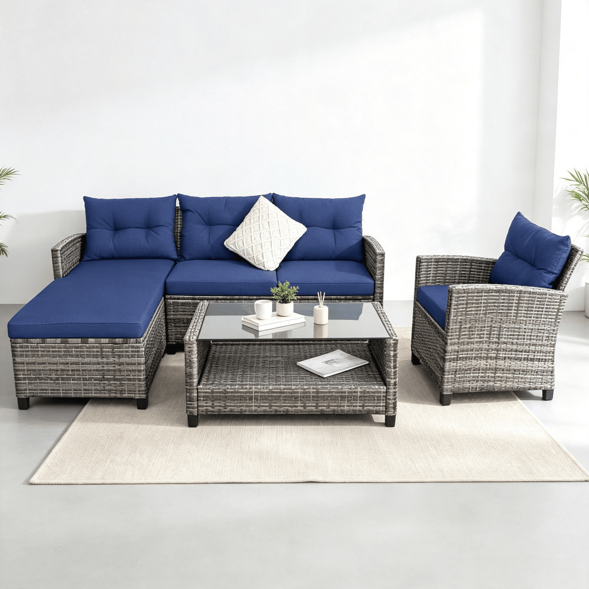 Doba 4 Pieces Patio Sofa Set Rattan Furniture with Cushion And 2-Tier Coffee Table Outdoor Living Room Set