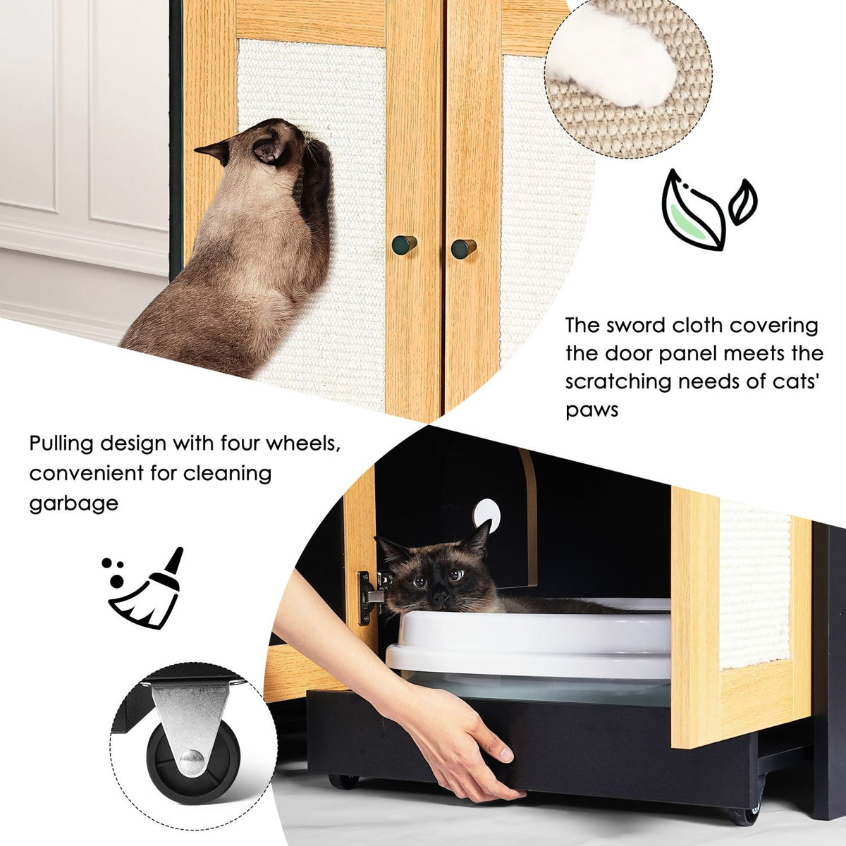 Doba Double Litter Box Enclosure,Cat Litter Box Enclosure for 2 Cats, Hidden Litter Box Furniture with Rattan Doors, 47" L x 19.8" W x 21.8" H,Black