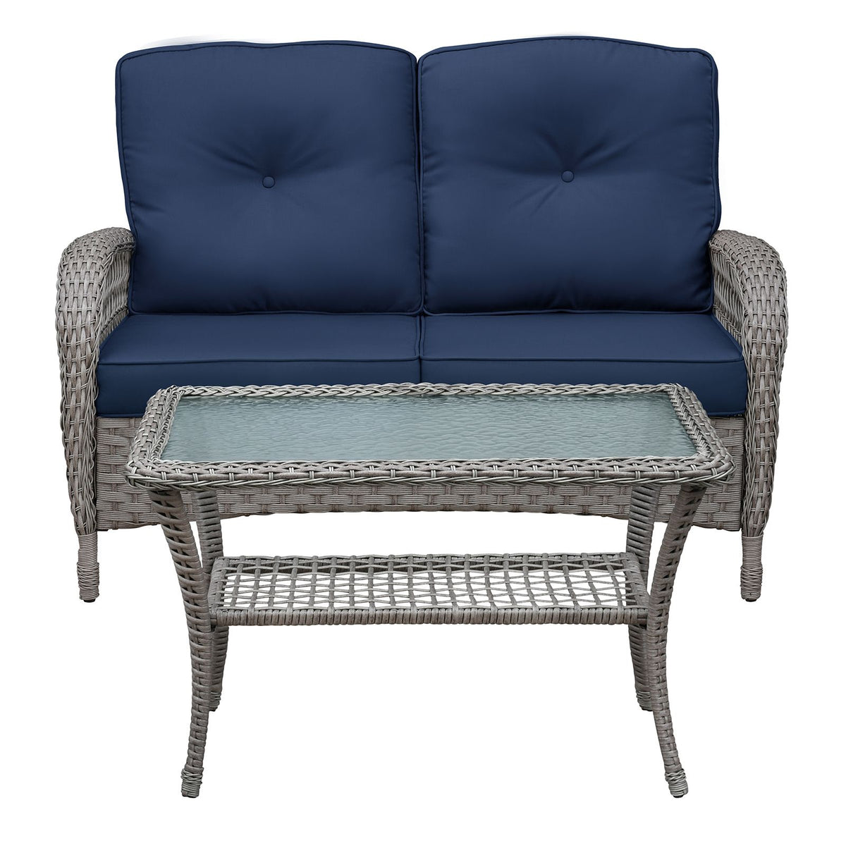 Doba 2 Piece Outdoor Wicker Patio Furniture Set, 2-Seater Rattan Loveseat with Tempered Glass Coffee Table, Water-Resistant Navy Blue Cushions, All-Weather Conversation Set for Porch, Backyard, Poolside, B