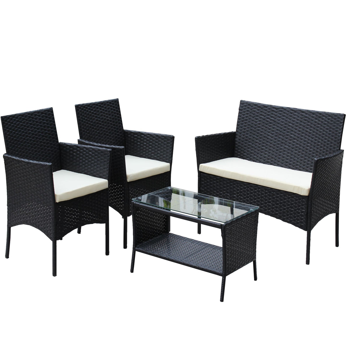 Doba 4 PC Rattan Patio Furniture Set Outdoor Patio Cushioned Seat Wicker Sofa