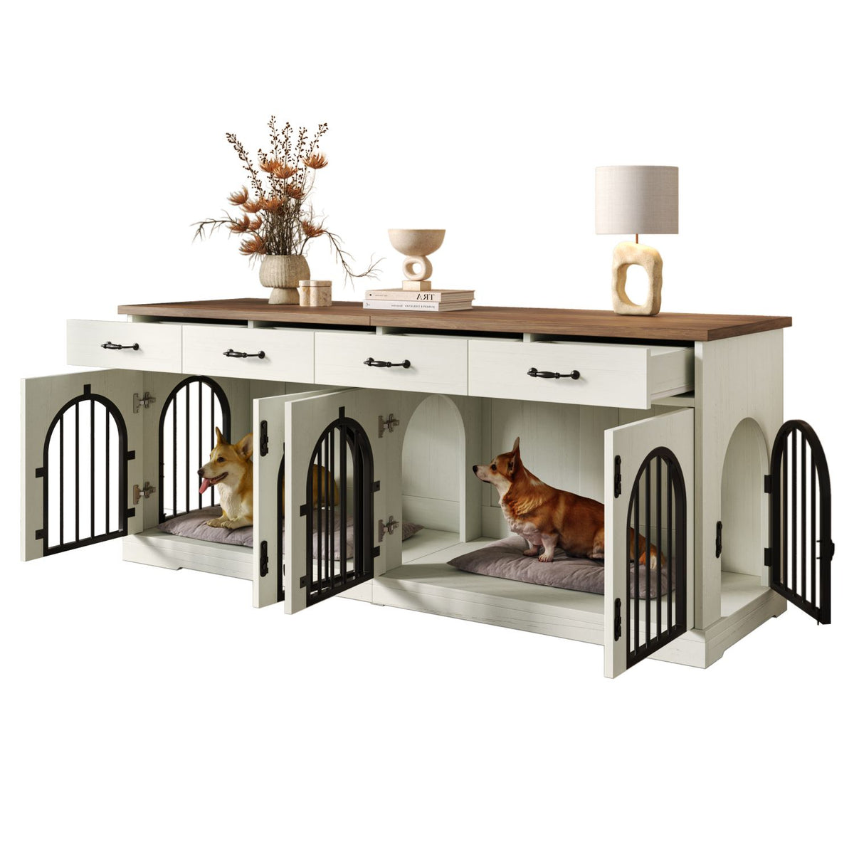 Doba 70.8" Large Dog Crate Furniture for 2 Dogs, Dog Kennel Indoor with Removable Divider Door and 4 Storage Drawers, End Table, Dog Crate TV Stand with 4 Doors for Medium Small Dogs, White and Brown