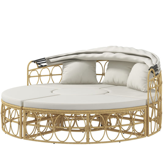 Doba Patio Furniture Set, Round Outdoor Daybed with Retractable Canopy, Hollow Wicker PE Rattan Sectional Sofa with Cushions for Pool, Lawn, Beige Beige