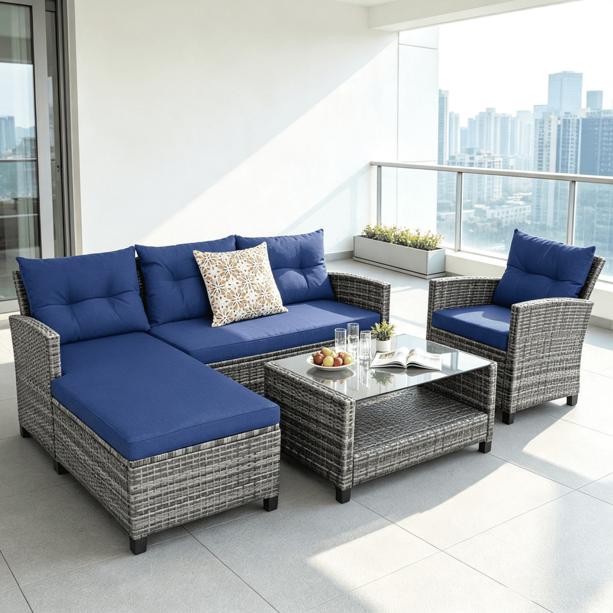 Doba 4 Pieces Patio Sofa Set Rattan Furniture with Cushion And 2-Tier Coffee Table Outdoor Living Room Set Gray