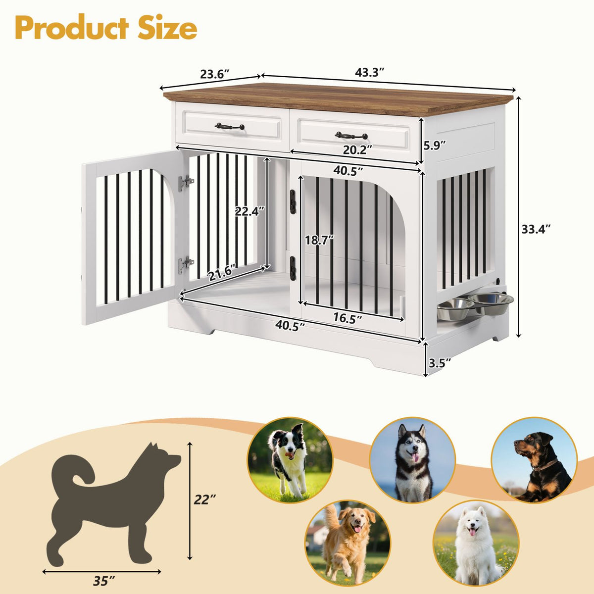 Doba 43.3" Farmhouse Dog Crate Furniture, Wooden Dog Kennel with 2 Storage Drawers and Rotating Food Bowls, Secure Metal Bar Crate for Lage & Medium Dogs, Indoor Dog Crate Side Table, White and Brown