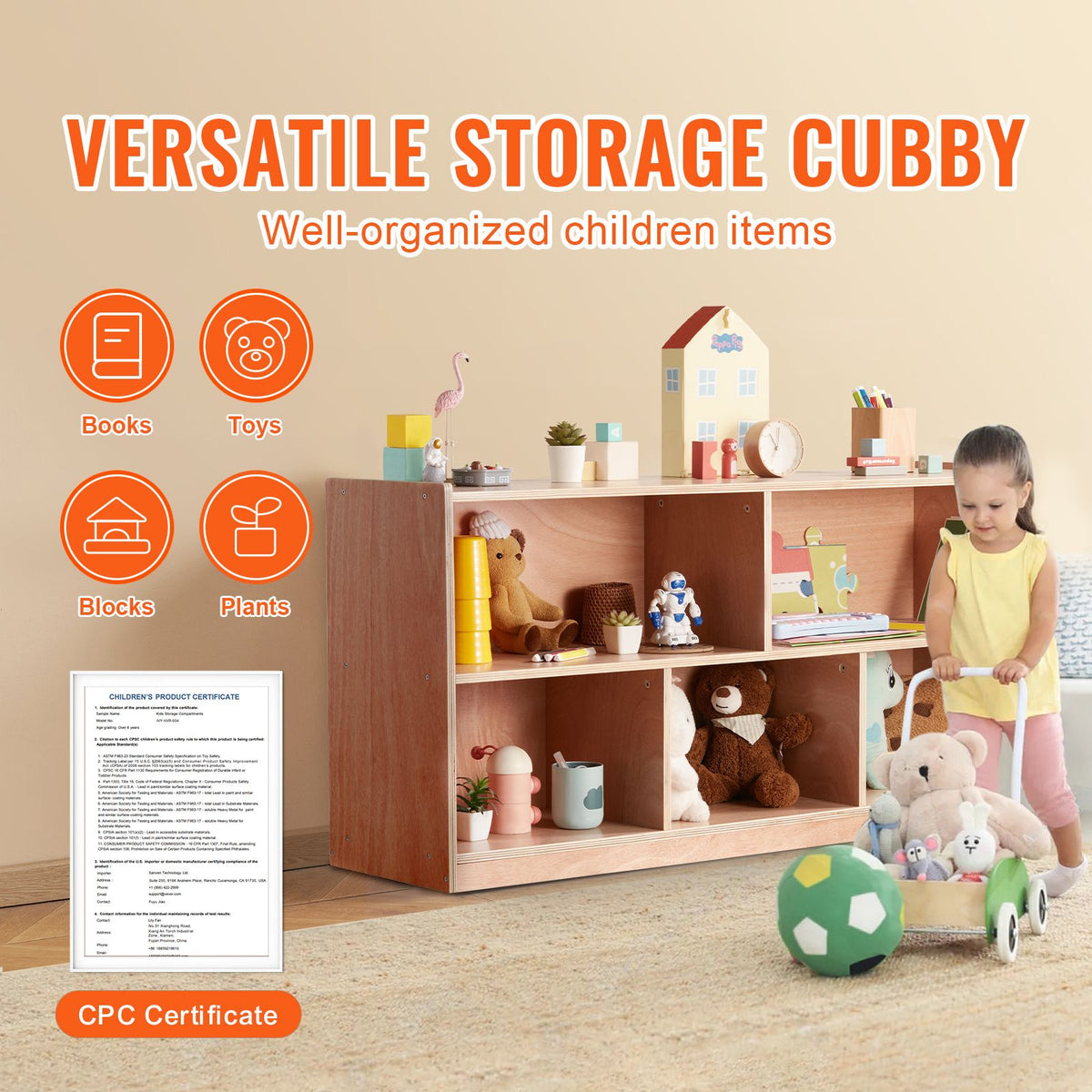 Doba Cubby Mobile Tray Storage Cabinet, 5-Compartment Cubby Storage Shelf, Cubby Storage Cabinet 2-shelf, Classroom Cubbies, Classroom Furniture for Home, Daycare and Preschool, Natural