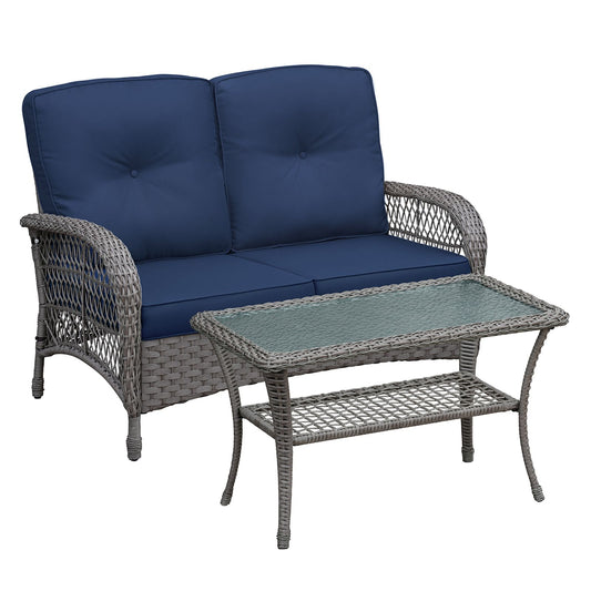 Doba 2 Piece Outdoor Wicker Patio Furniture Set, 2-Seater Rattan Loveseat with Tempered Glass Coffee Table, Water-Resistant Navy Blue Cushions, All-Weather Conversation Set for Porch, Backyard, Poolside, B Navy Blue