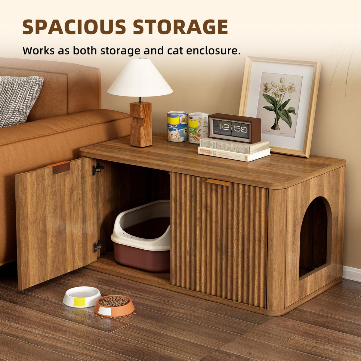 Doba 31.5" Walnut Cat Litter Box Enclosure Furniture, Large Decorative Hidden Litter Box Cabinet, Fluted Mid Century Modern Kitty End Table for Living Rooms, Bedrooms, Entryways (WALNUT)