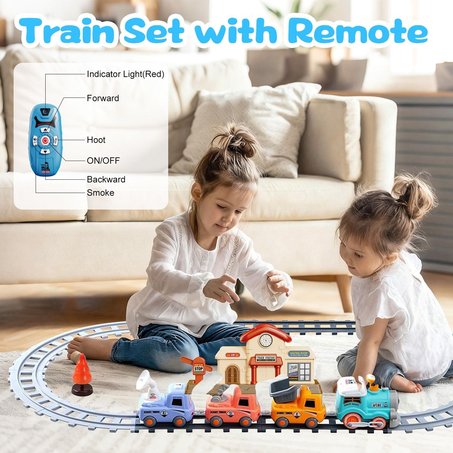 Doba Kids Electric Train Set with Remote - Immersive Play with Authentic Train Sounds, Smoke Effects & Colorful Lights, Magnetic Connection Locomotive + 3 Trucks, Easy Assembly Tracks & Accessories, Perfec
