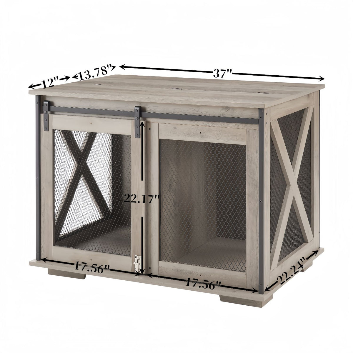 Doba Farmhouse Dog Cage Crate Furniture with Sliding Barn Door, Farmhouse Wooden Dog Kennel End Table with Flip-top Plate Dog House with Detachable Divider for Small/Medium/Large Dog Gray