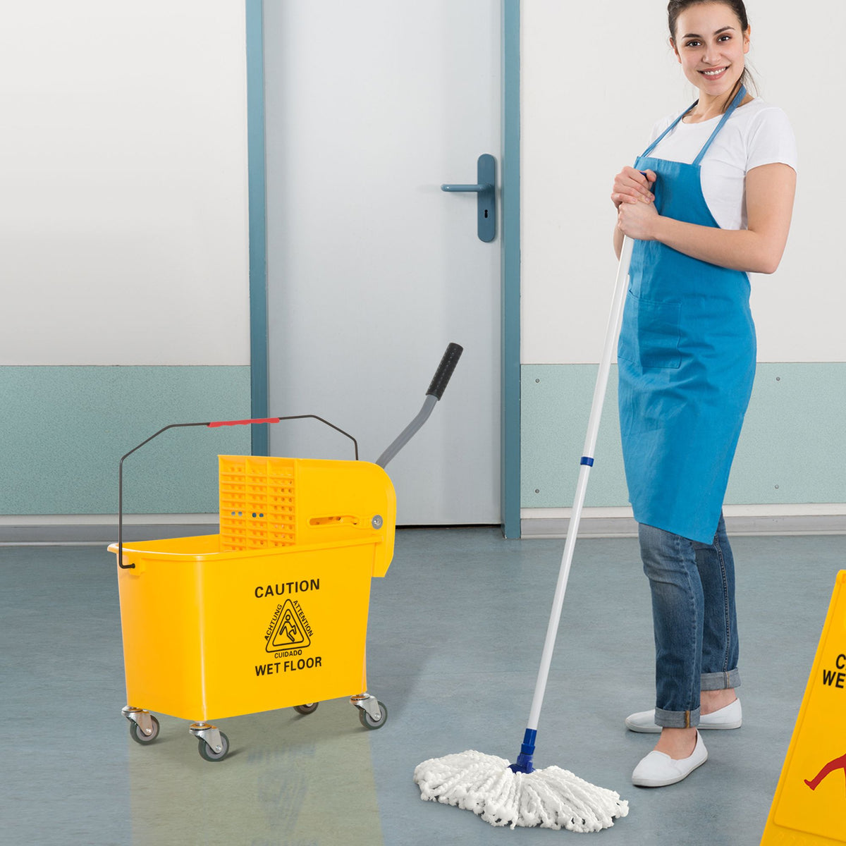 Doba Heavy Duty Janitor Mop Bucket with Wringer, Durable Yellow, Easy Clean-Up