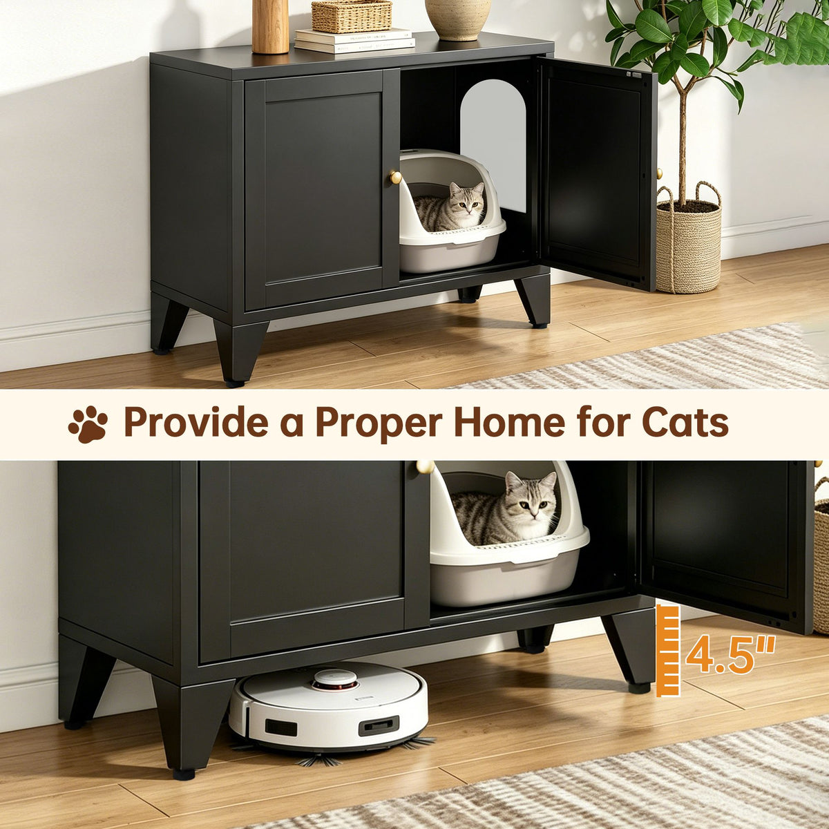 Doba Metal Cat Litter Box Enclosure, Modern Hidden Litter Box Furniture Indoor Pet House, Freestanding Cat Washroom Cabinet Fits Most Standard Litter Boxes, Black Decorative Pet Side Table for Home