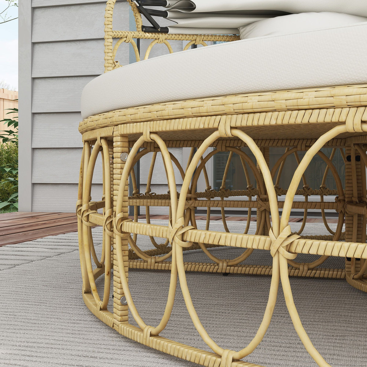 Doba Patio Furniture Set, Round Outdoor Daybed with Retractable Canopy, Hollow Wicker PE Rattan Sectional Sofa with Cushions for Pool, Lawn, Beige
