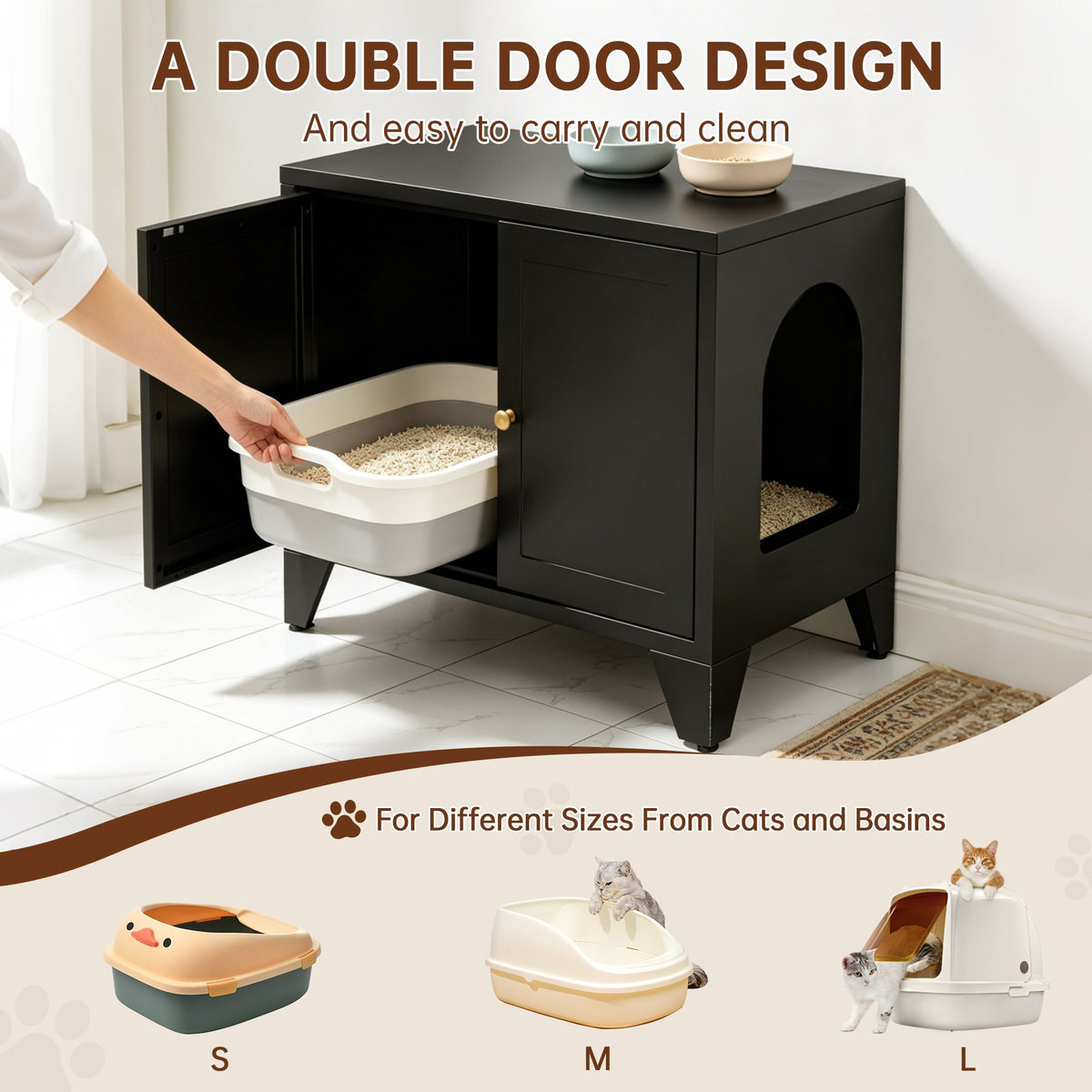 Doba Metal Cat Litter Box Enclosure, Modern Hidden Litter Box Furniture Indoor Pet House, Freestanding Cat Washroom Cabinet Fits Most Standard Litter Boxes, Black Decorative Pet Side Table for Home