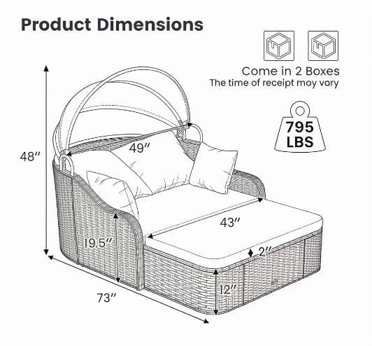 Doba Patio PE Rattan Daybed Outdoor Sofa Set with Retractable Canopy Soft Cushions Comfortable Relaxing Garden Furniture