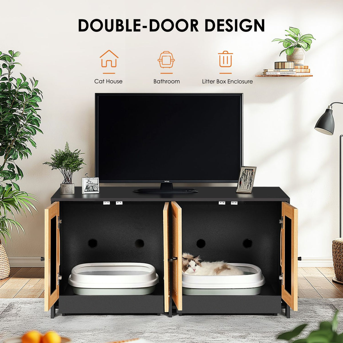 Doba Double Litter Box Enclosure,Cat Litter Box Enclosure for 2 Cats, Hidden Litter Box Furniture with Rattan Doors, 47" L x 19.8" W x 21.8" H,Black