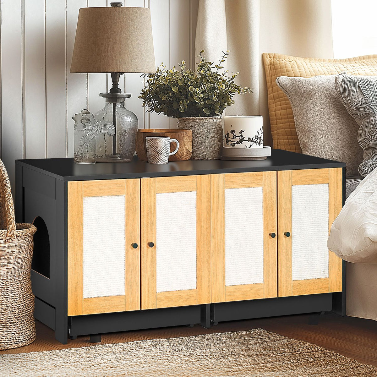Doba Double Litter Box Enclosure,Cat Litter Box Enclosure for 2 Cats, Hidden Litter Box Furniture with Rattan Doors, 47" L x 19.8" W x 21.8" H,Black
