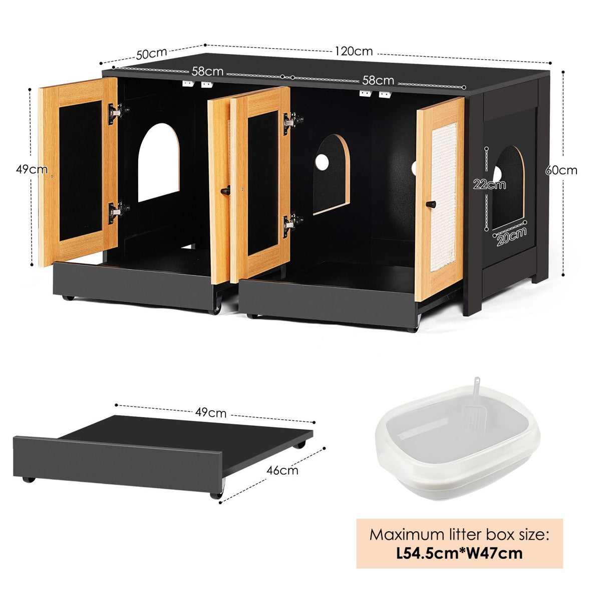 Doba Double Litter Box Enclosure,Cat Litter Box Enclosure for 2 Cats, Hidden Litter Box Furniture with Rattan Doors, 47" L x 19.8" W x 21.8" H,Black