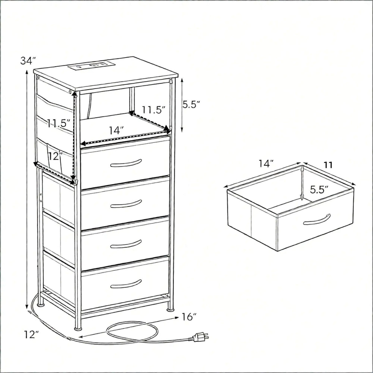 Doba Modern Nightstand with Integrated Charging Station Bedside Table 34" for Bedroom Furniture And Storage