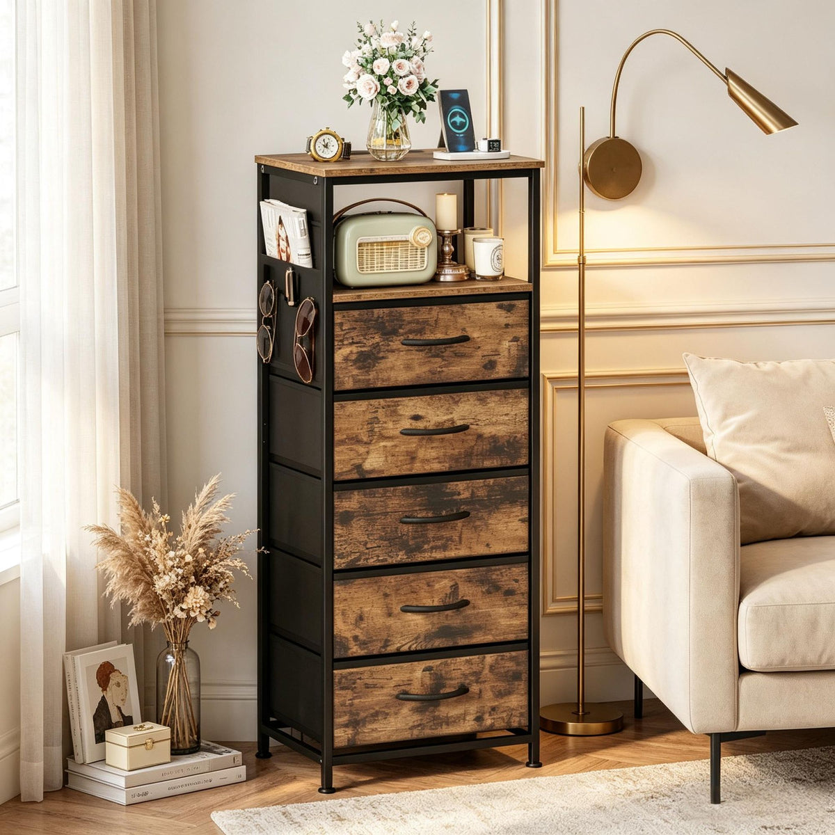 Doba Modern Nightstand with Integrated Charging Station Bedside Table 39" for Bedroom Furniture And Storage Rustic Brown + Black