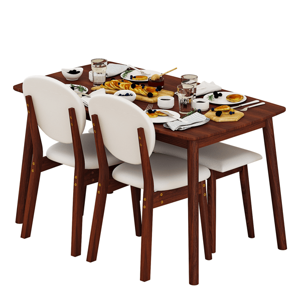 Doba 1 Table 2 Chairs 1 Bench Dining Set, Rubber Wood Frame with Beige Upholstered Seats, Deep Walnut Finish Rectangular Kitchen Dining Furniture