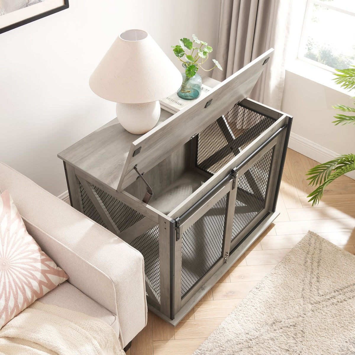 Doba Farmhouse Dog Cage Crate Furniture with Sliding Barn Door, Farmhouse Wooden Dog Kennel End Table with Flip-top Plate Dog House with Detachable Divider for Small/Medium/Large Dog Gray