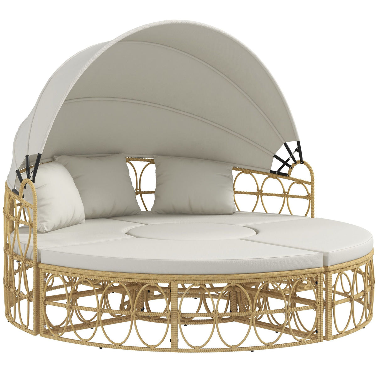Doba Patio Furniture Set, Round Outdoor Daybed with Retractable Canopy, Hollow Wicker PE Rattan Sectional Sofa with Cushions for Pool, Lawn, Beige