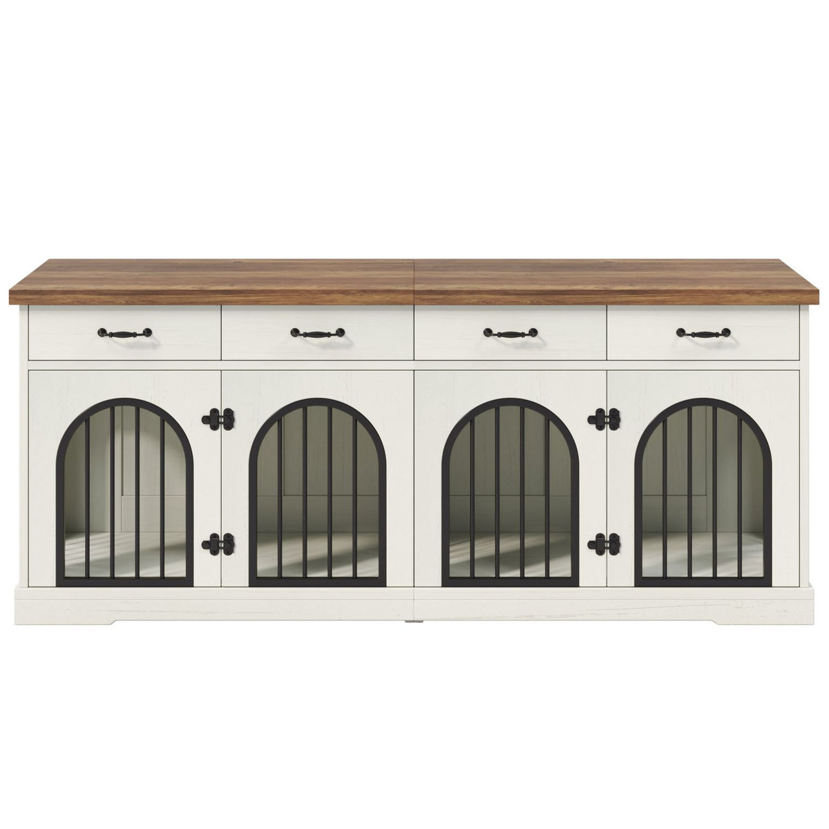 Doba 70.8" Large Dog Crate Furniture for 2 Dogs, Dog Kennel Indoor with Removable Divider Door and 4 Storage Drawers, End Table, Dog Crate TV Stand with 4 Doors for Medium Small Dogs, White and Brown