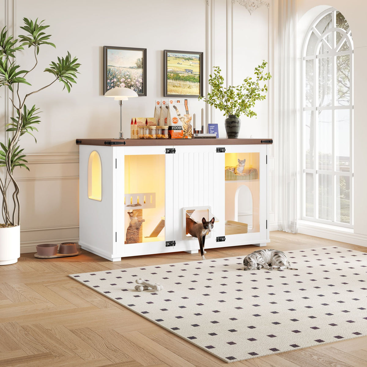 Doba 47.25" Large Cat Litter Box Enclosure with LED Light, Hidden Litter Box Furniture, Cat House with Stairs and Cat Scratching Post, Cat Cabinet Side Table with Smart Doors for Living Room