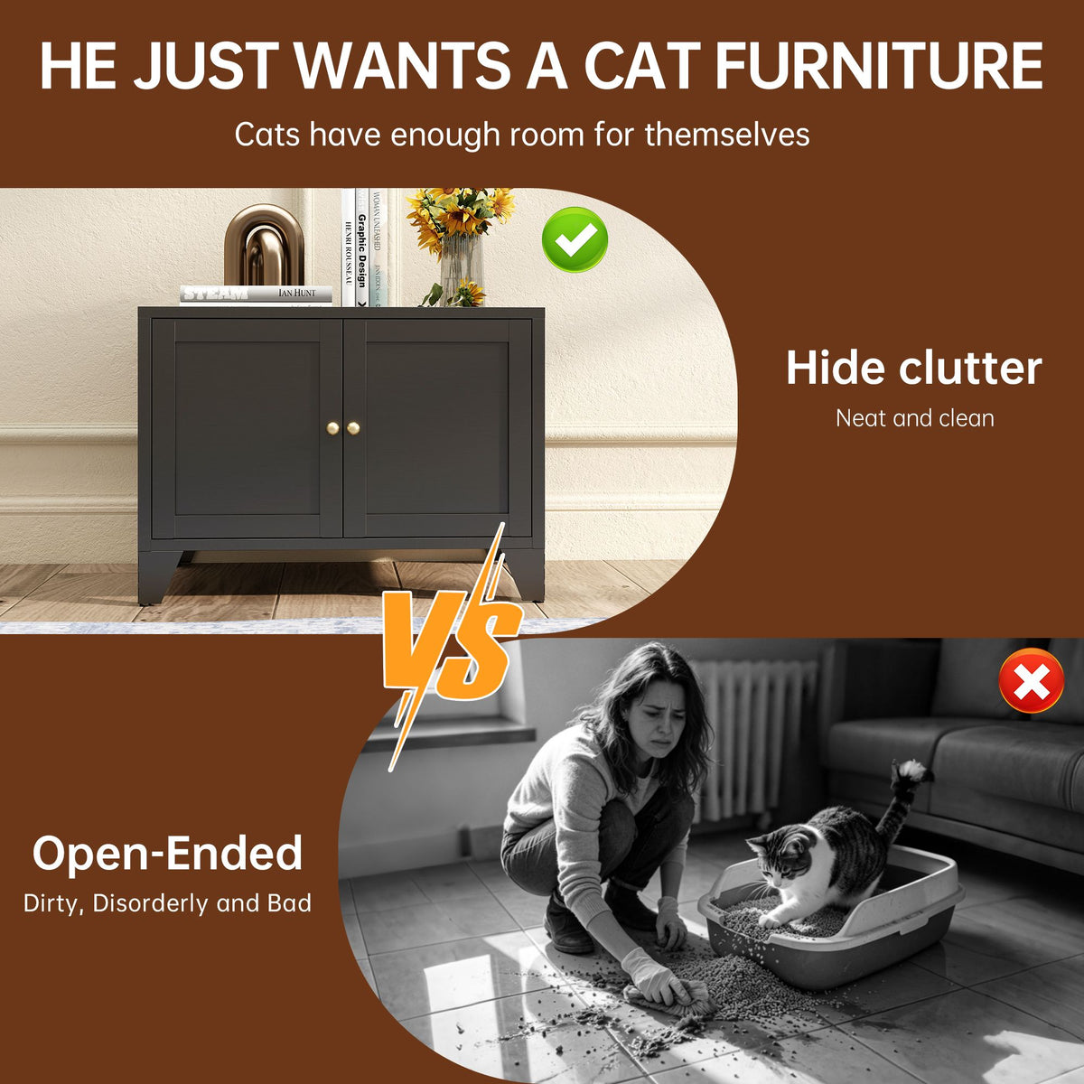 Doba Metal Cat Litter Box Enclosure, Modern Hidden Litter Box Furniture Indoor Pet House, Freestanding Cat Washroom Cabinet Fits Most Standard Litter Boxes, Black Decorative Pet Side Table for Home
