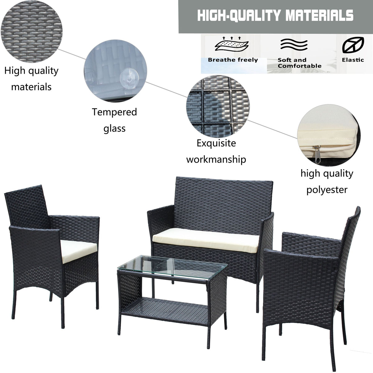 Doba 4 PC Rattan Patio Furniture Set Outdoor Patio Cushioned Seat Wicker Sofa