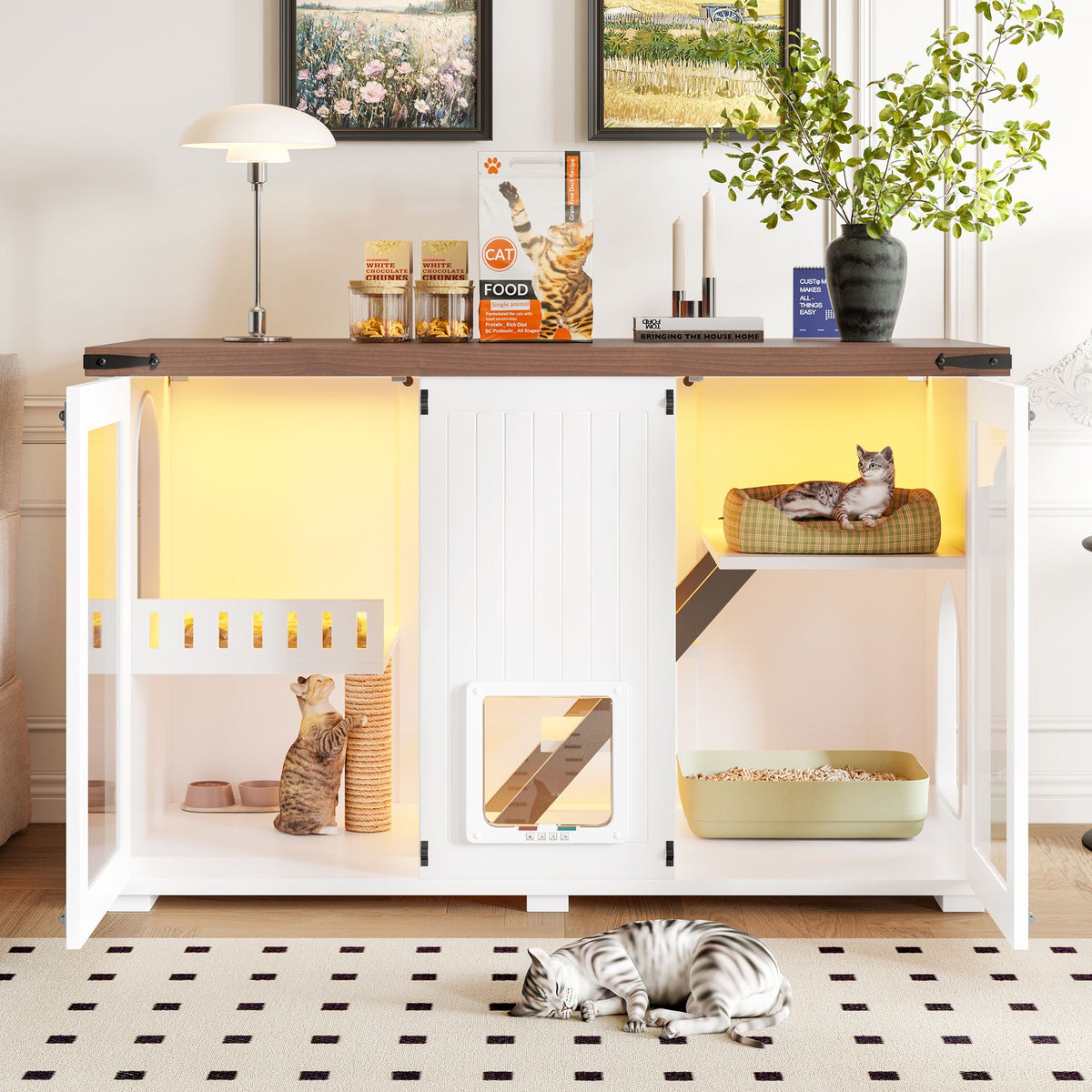 Doba 47.25" Large Cat Litter Box Enclosure with LED Light, Hidden Litter Box Furniture, Cat House with Stairs and Cat Scratching Post, Cat Cabinet Side Table with Smart Doors for Living Room