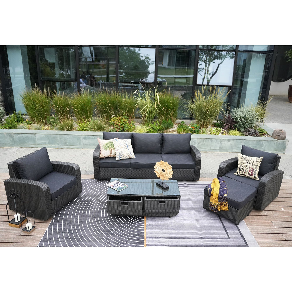 Doba Direct Wicker 5-Piece Outdoor Rattan Furniture Patio Conversation Set with Cushion Black Wicker
