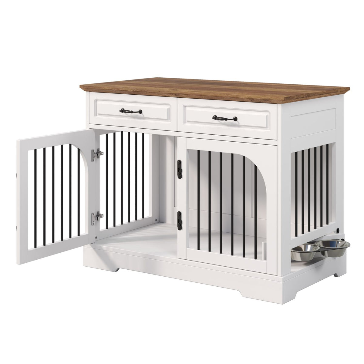Doba 43.3" Farmhouse Dog Crate Furniture, Wooden Dog Kennel with 2 Storage Drawers and Rotating Food Bowls, Secure Metal Bar Crate for Lage & Medium Dogs, Indoor Dog Crate Side Table, White and Brown
